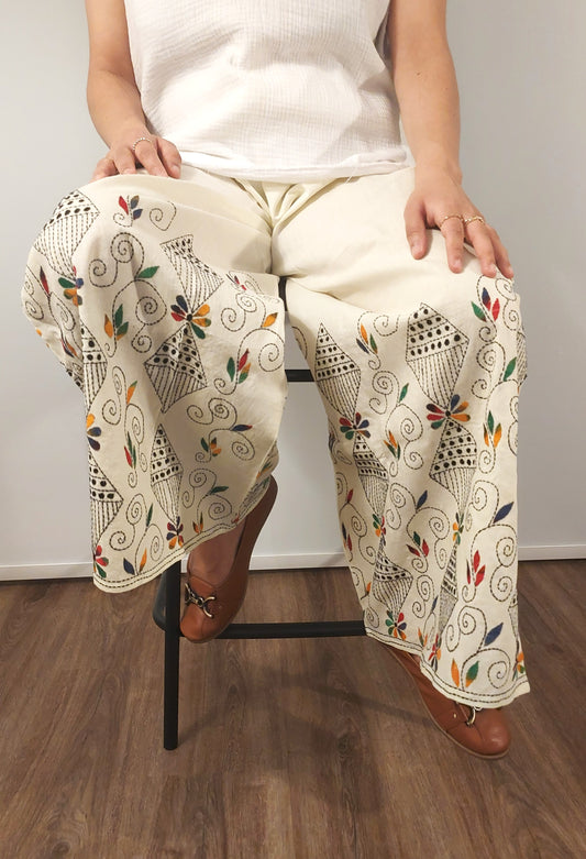 Artisanal Cotton Kantha Stitch Palazzos for Women